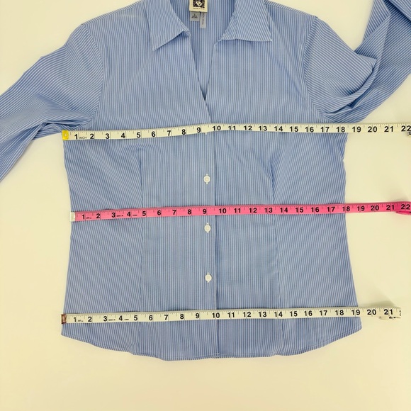Anne Klein Blue and White Pinstriped Non-Iron Long Sleeve Button Down Top, Small - Picture 14 of 16